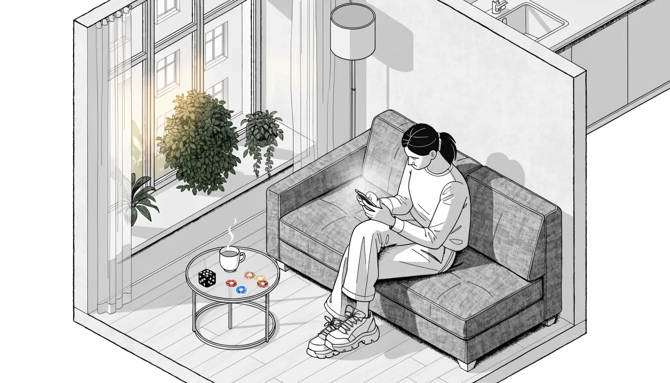 Person mit Smartphone auf Sofa, Casinospielchips und Würfel auf dem Tisch, warmes Wohnzimmerlicht