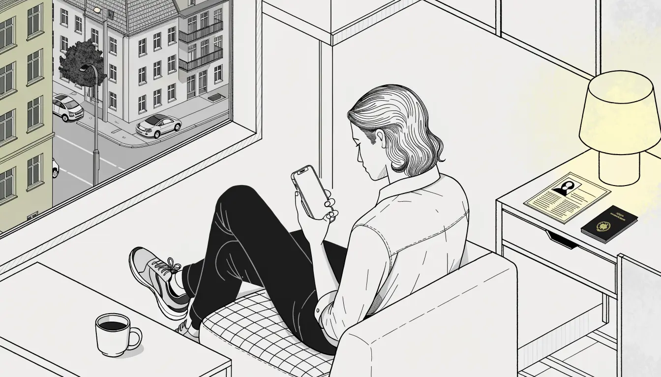Person mit Smartphone in deutscher Wohnung bei Abendlicht, Ausweispapiere auf dem Tisch.
