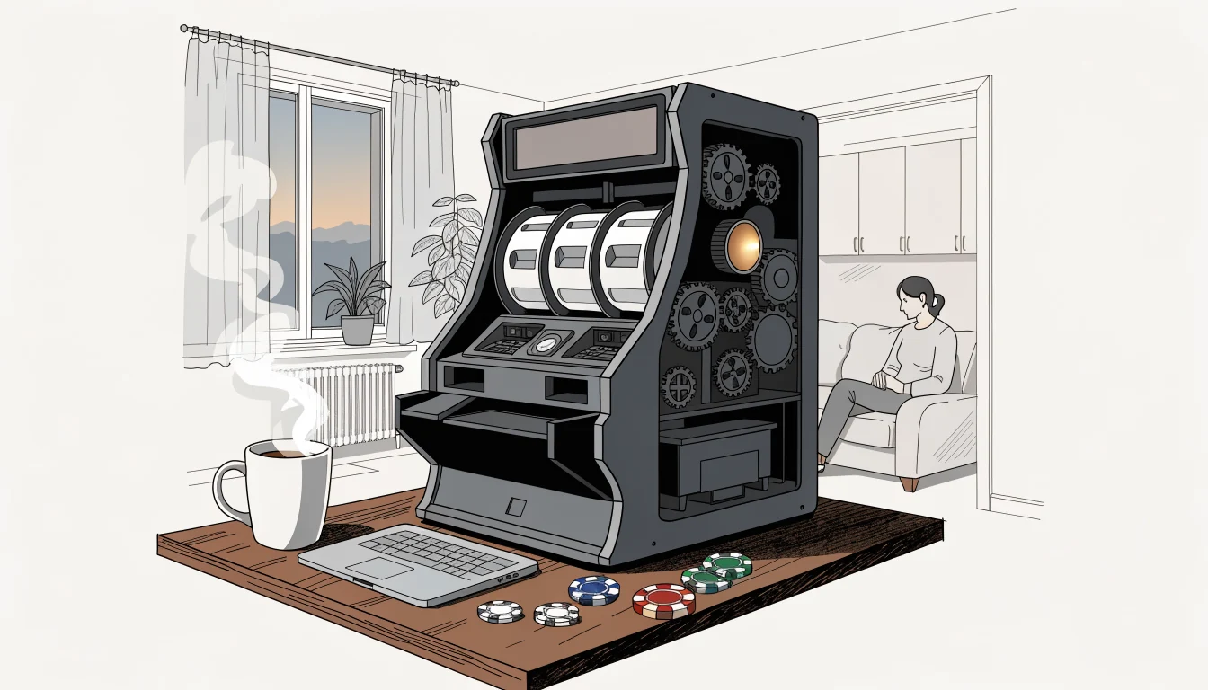 Slot-Maschine mit leuchtender Bonuskauf-Taste auf einem Tisch in einem deutschen Wohnzimmer.