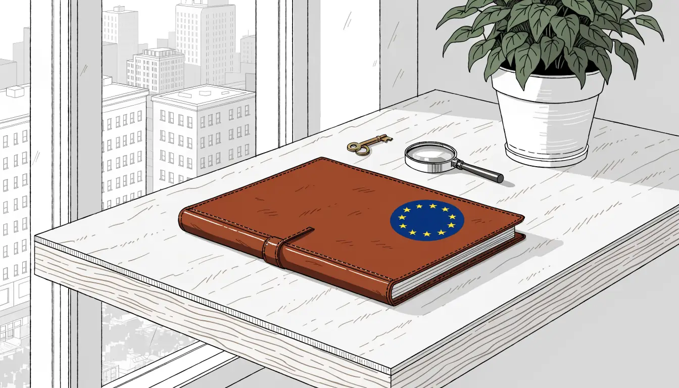 Ordner mit EU-Siegel, Schlüssel und Lupe auf einem Schreibtisch