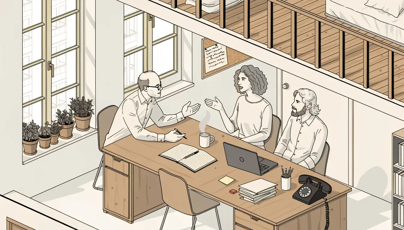 Redaktionsteam am Schreibtisch mit Notizbuch, Kaffeetasse und altem Telefon bei Tageslicht.