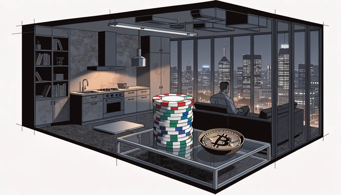 Casino-Chips und Bitcoin-Token auf einem Tisch bei Nacht.