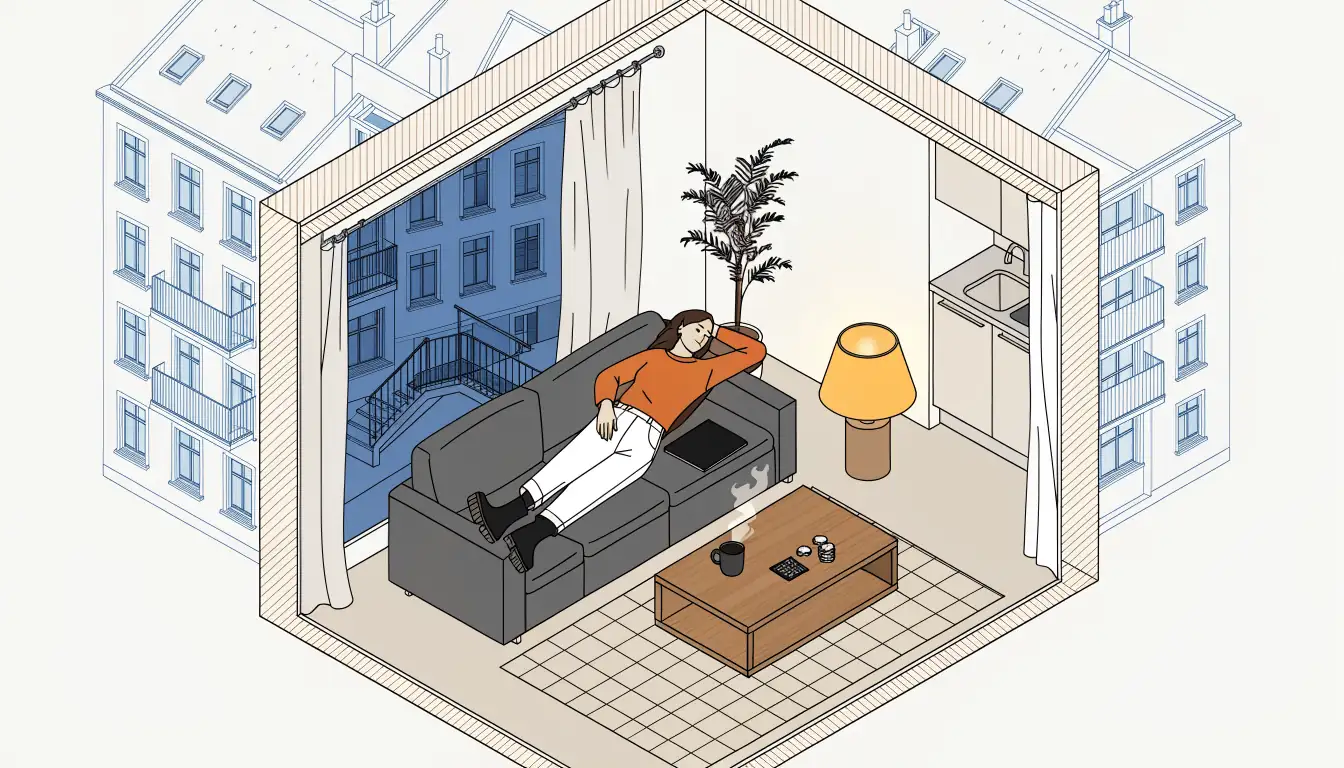 Gemütliches deutsches Wohnzimmer mit geschlossenem Laptop und Spielkarten auf dem Tisch